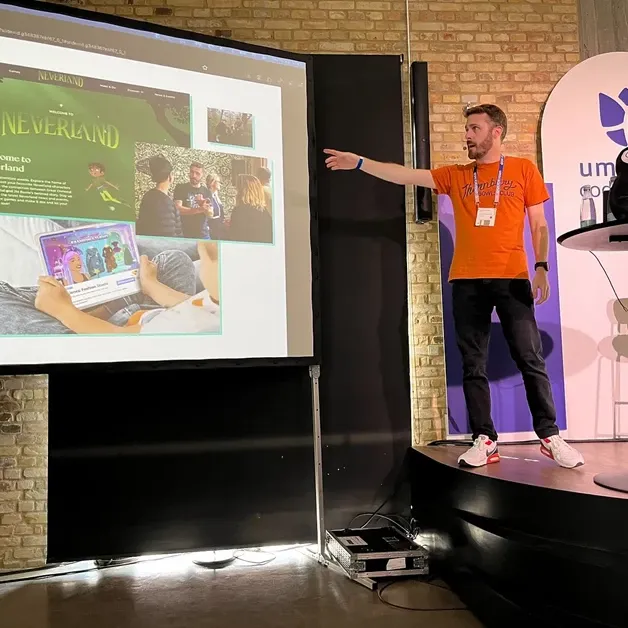 James Hobbs at the Umbraco event showcasing work for Aer Studios