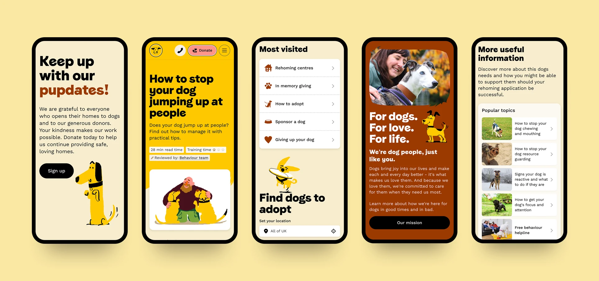 Dogs Trust - different website pages shown on mobile phones