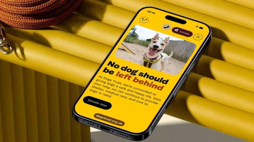 Dogs Trust promotional image with mobile phone displaying the website