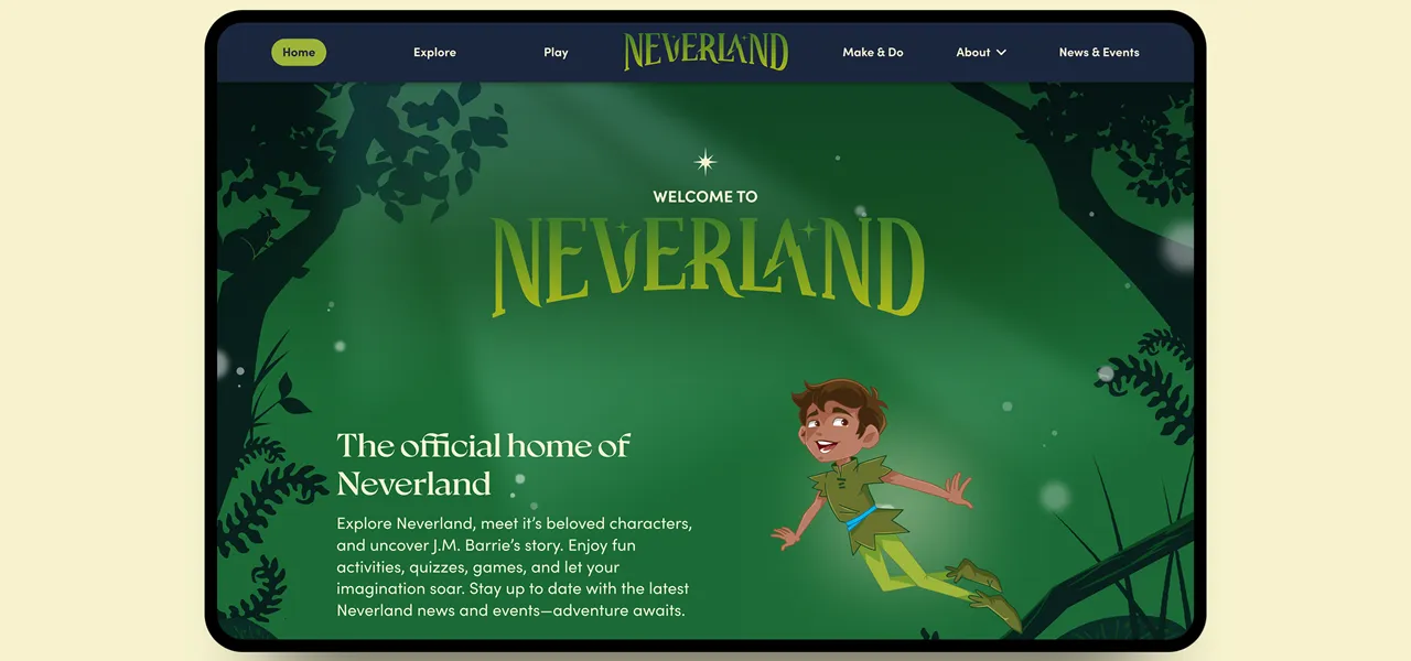 Neverland website shown on Tablet screen