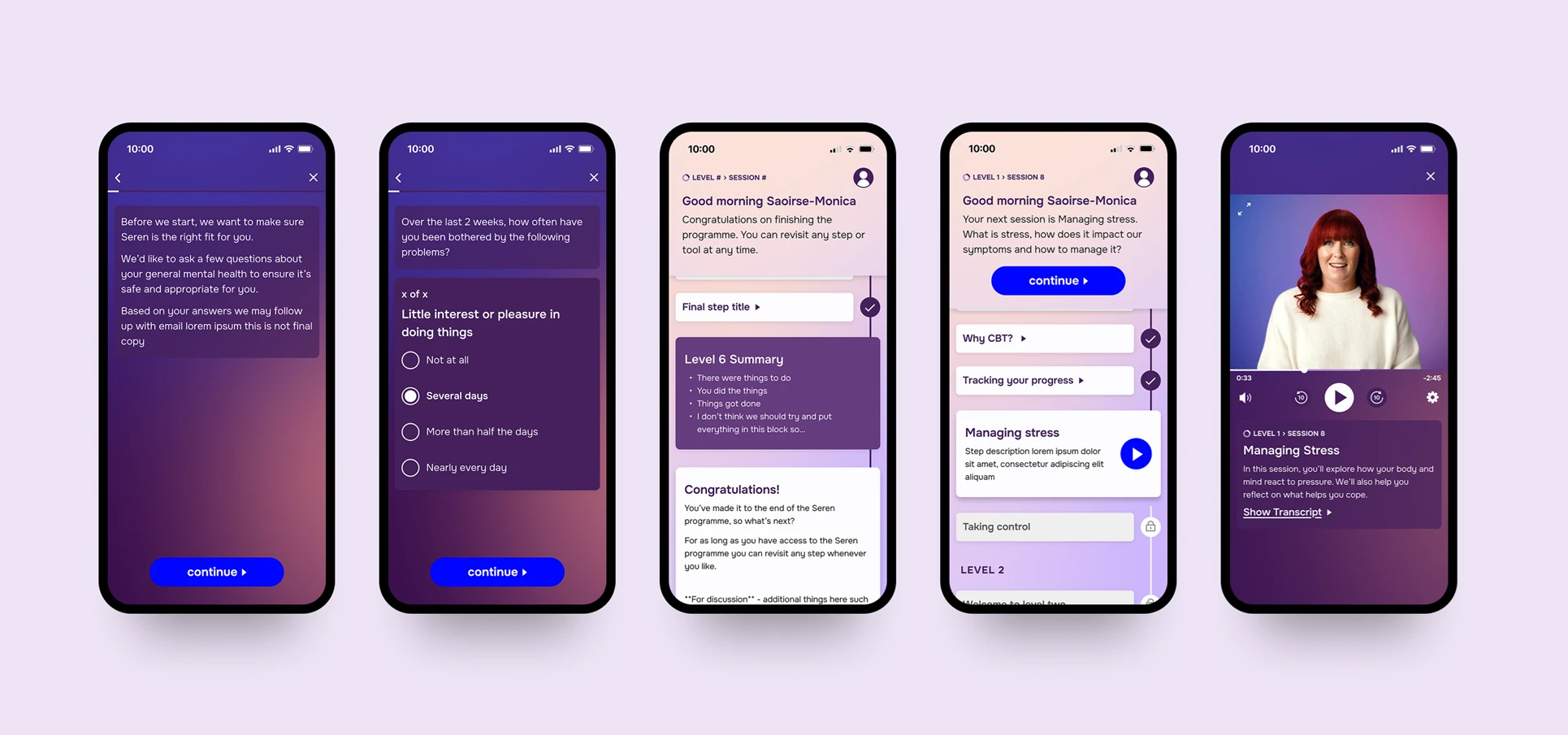 5 different Lumino app pages being shown on a mobile phone