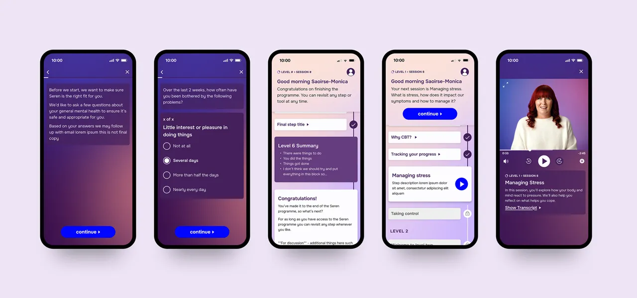 5 different Lumino app pages being shown on a mobile phone